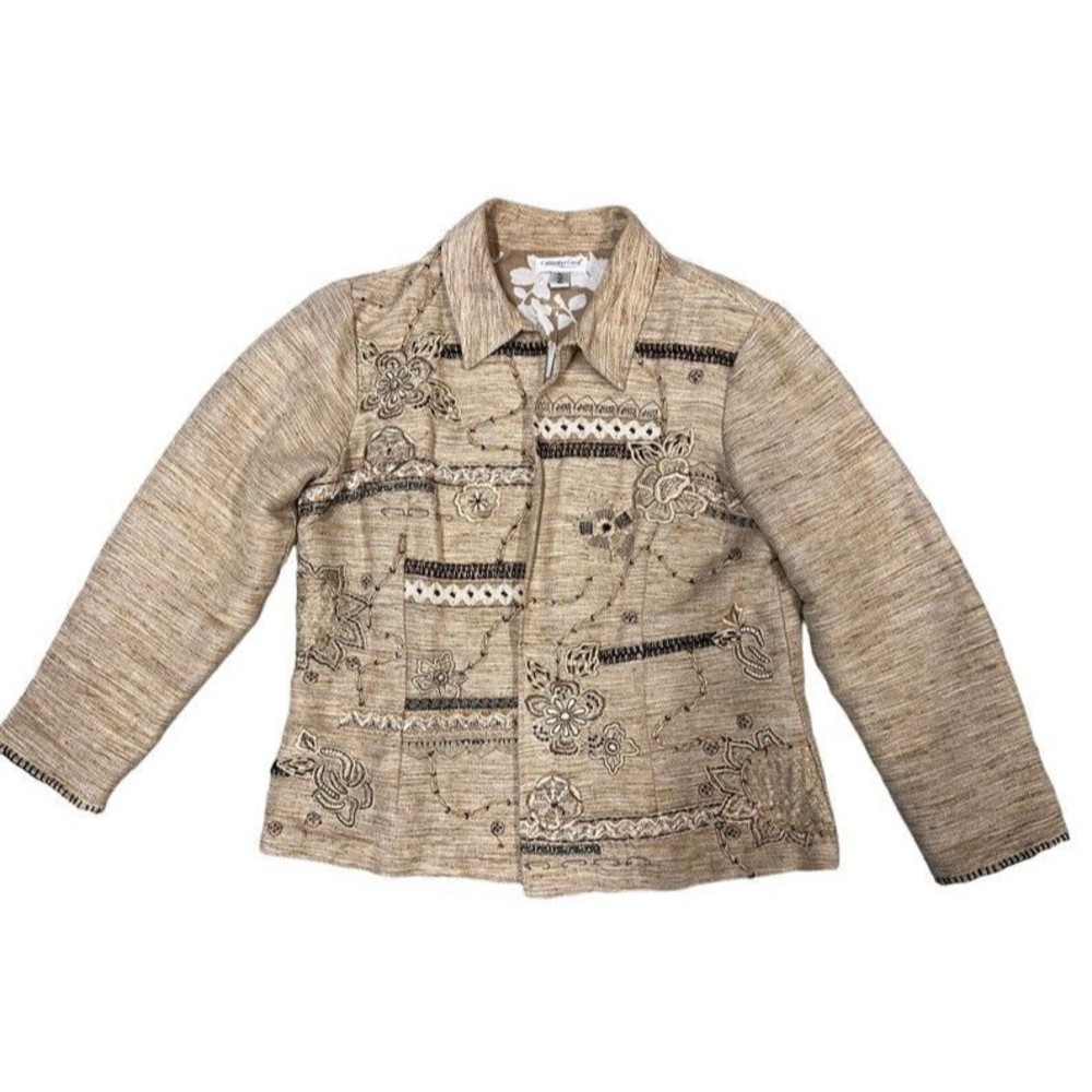 Coldwater Creek Tan Embroidered Floral Western Boho Linen Blazer Jacket Size 10